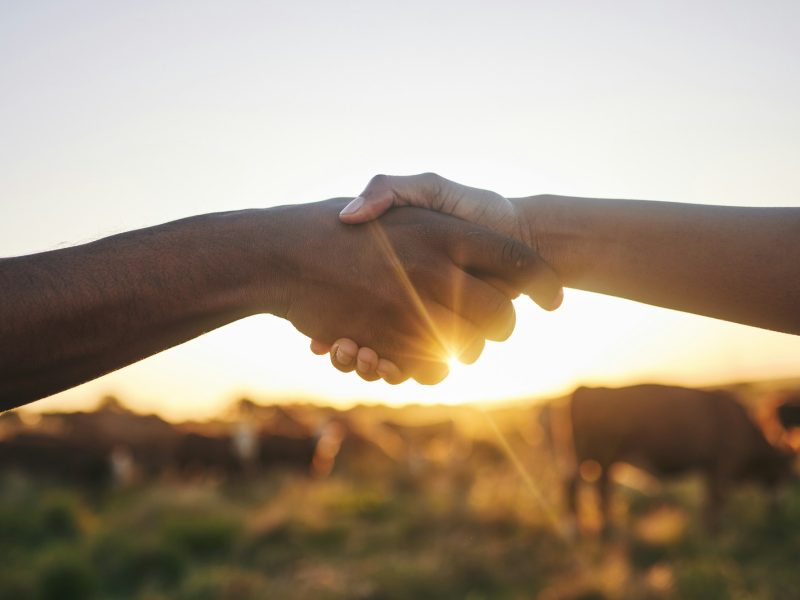 Welcome, handshake and people with b2b farm deal for agriculture, partnership or small business sup